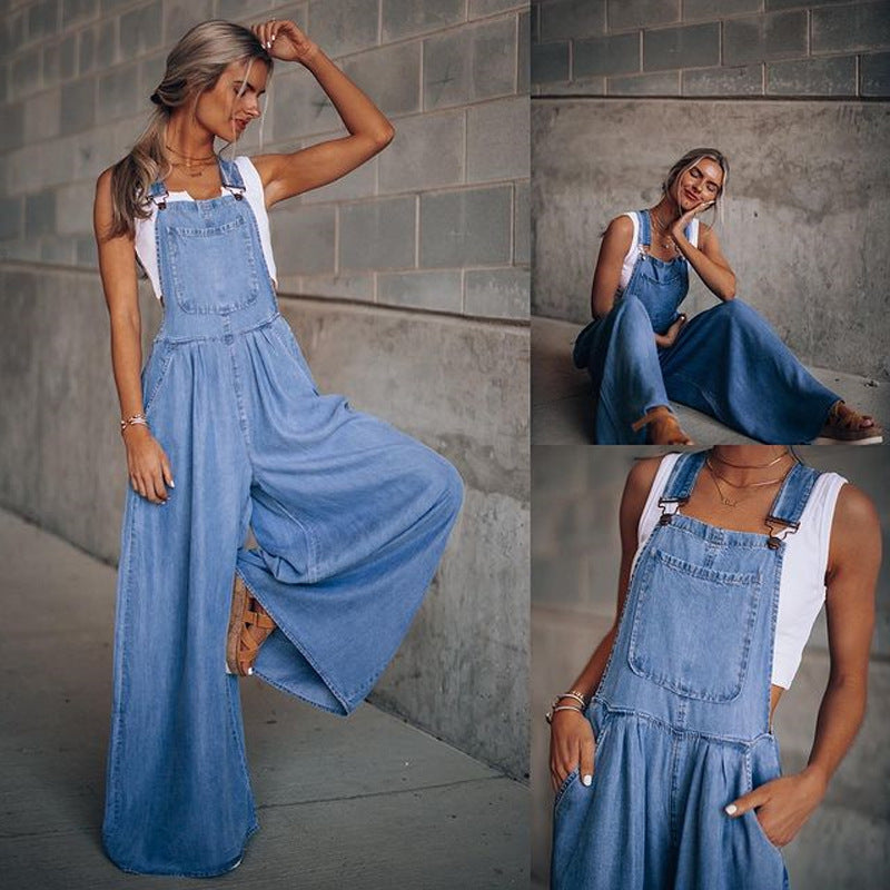 Amazon Wish Foreign Trade Cross-border Summer New Women&#039;s Loose Side Pocket Sleeveless Women&#039;s Denim Suspender Pants