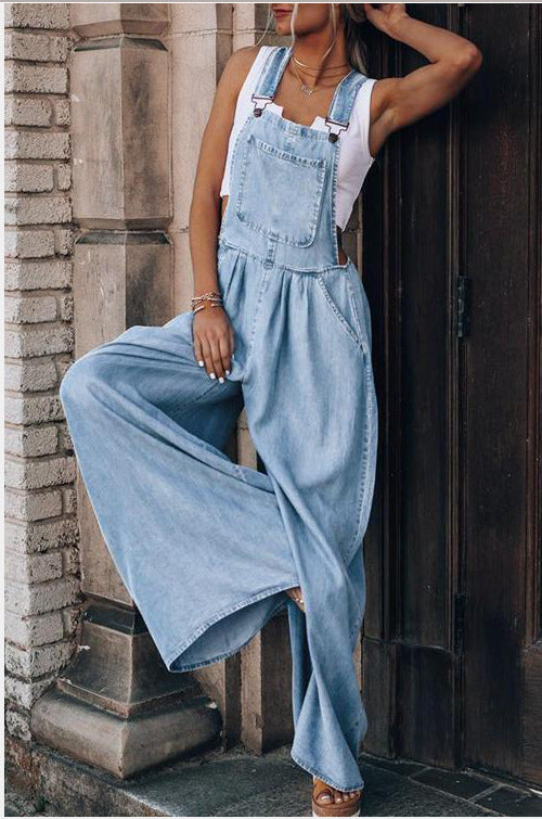 Amazon Wish Foreign Trade Cross-border Summer New Women&#039;s Loose Side Pocket Sleeveless Women&#039;s Denim Suspender Pants