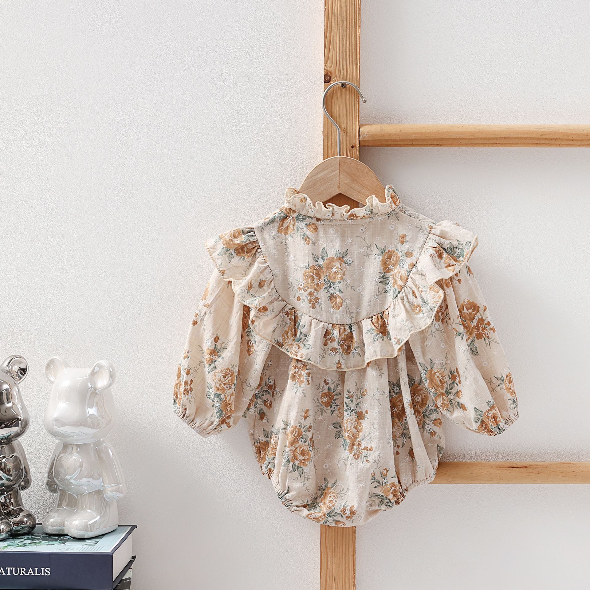 Baby&#039;s Large Floral Korean Style Wooden Ear Collar Sheath Baby Girl&#039;s New Ruffled Romper Romper