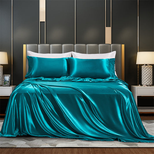 Solid Color Pure Silk Like Four Piece Set Bed Sheet Duvet Cover Pillowcase Bedding Supplies