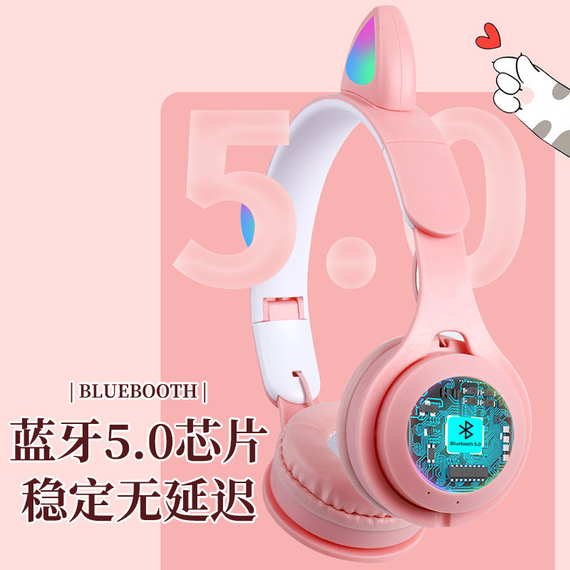 Wireless Headphone with FM Card Colorful LED Lights, Bluetooth Light-Emitting Cat Ears Headphone