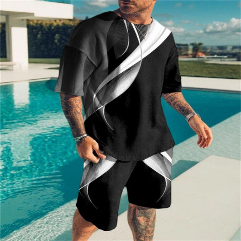 2023 Summer Amazon Cross-border Geometry Digital Printing 3D Men&#039;s Casual Beach Pants T-shirt Shorts Set