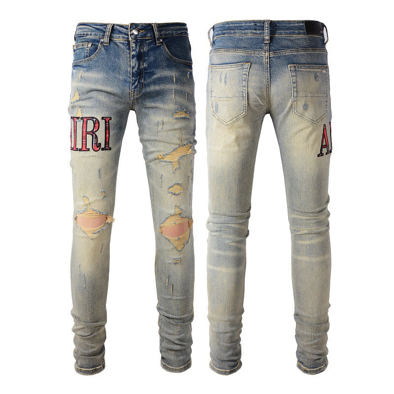 Amiri Jeans European And American Street Fashion Brand Pattern Embroidered Jeans Blue Stretch Skinny Jeans #888