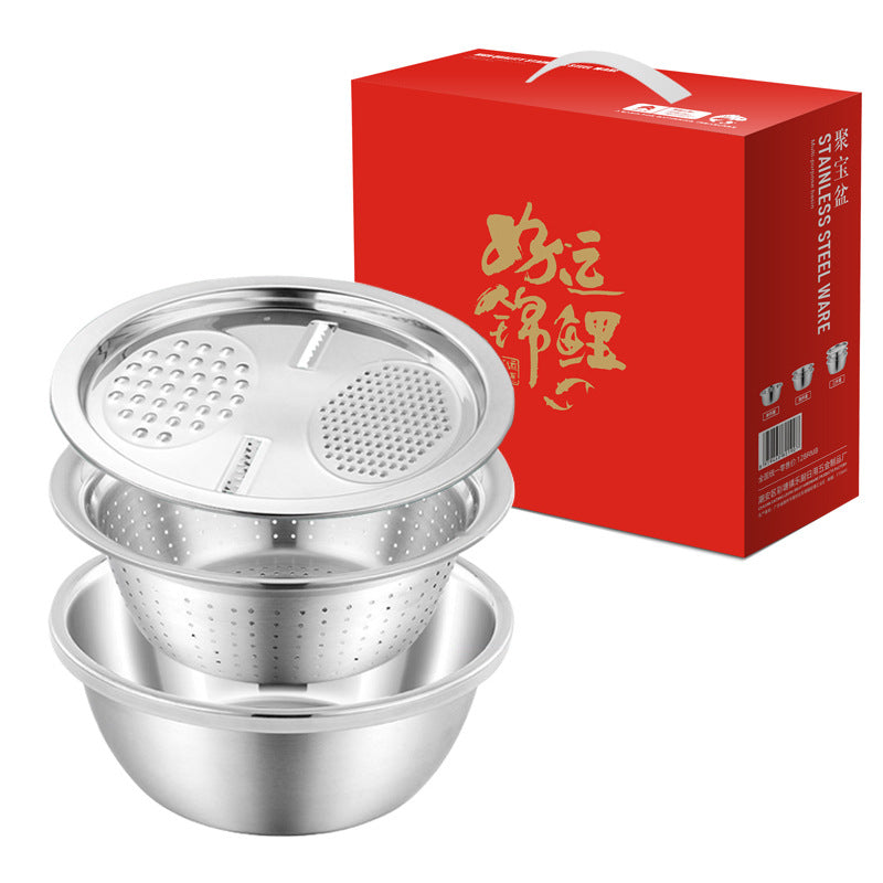 Thickened Stainless Steel Basin Set Grater Basin Set Three-piece Kitchen Washing Rice Sieve Draining Basin Practical Gift