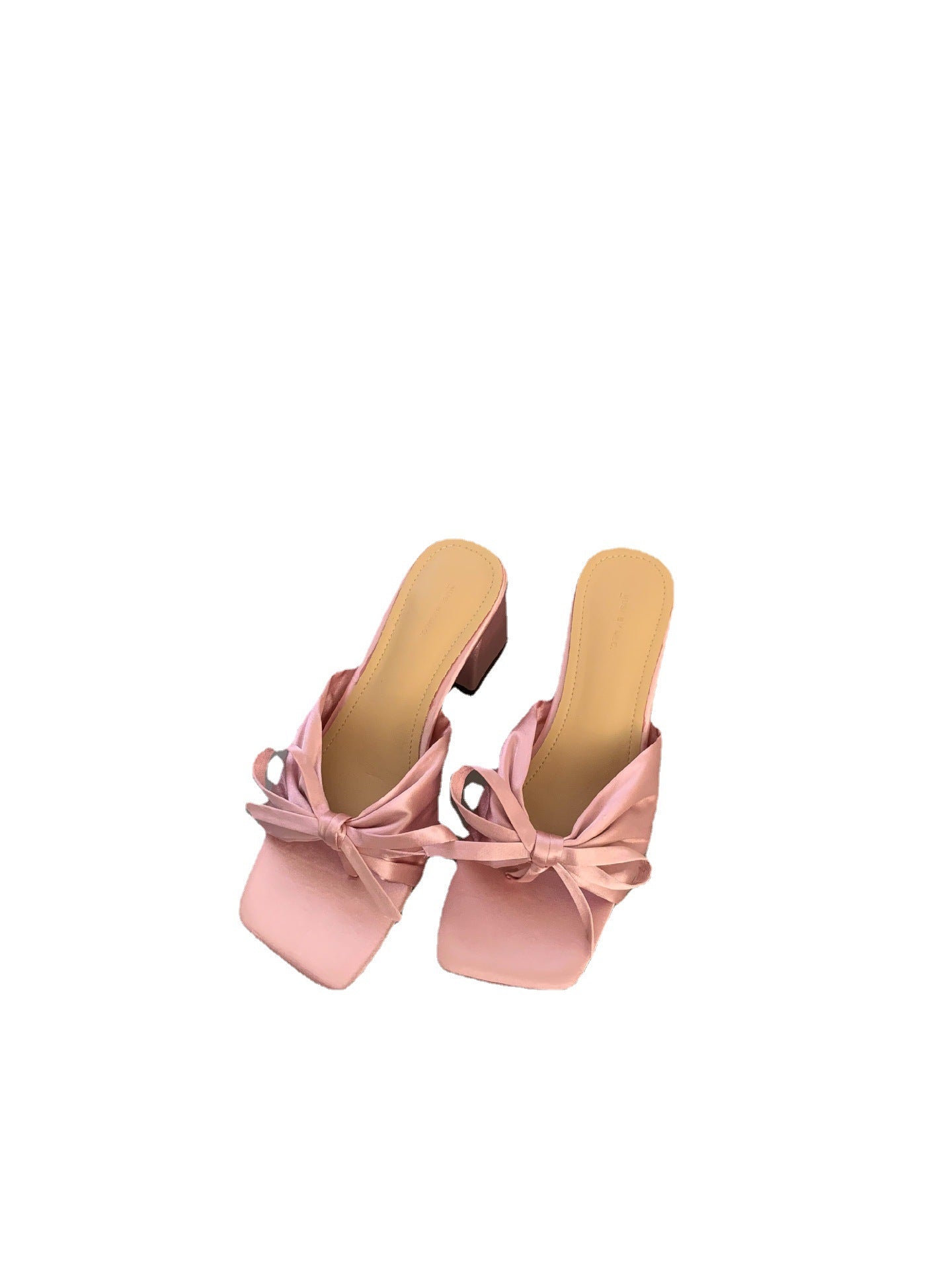 Square Toe Open Toe Satin Thick Heel High Heel Slippers 2024 Spring New Dongdaemun Versatile Simple Sandals And Slippers