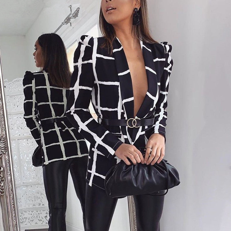 8828 Plaid Deep V Neck Sexy Women&#039;s Autumn Long Sleeve Office Ladies Blazer Fashion Blazer