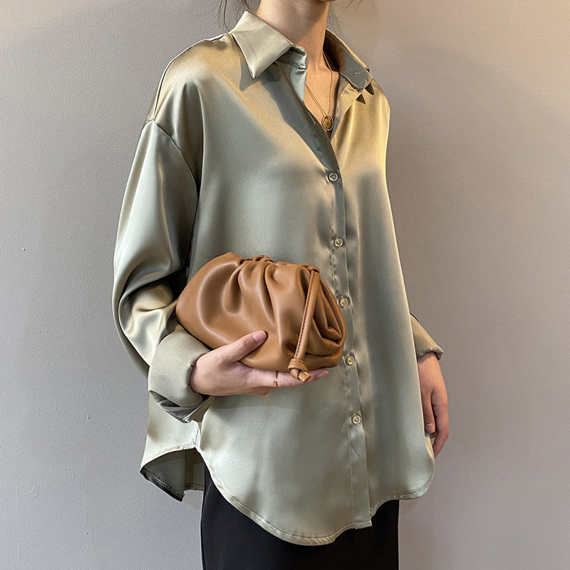 Autumn Fashion Button Up Satin Silk Shirt Vintage Blouse Wom