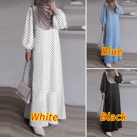 Casual Long Sleeve Loose Waist Round Neck Printing Plus Size Muslim Dress Factory Batch