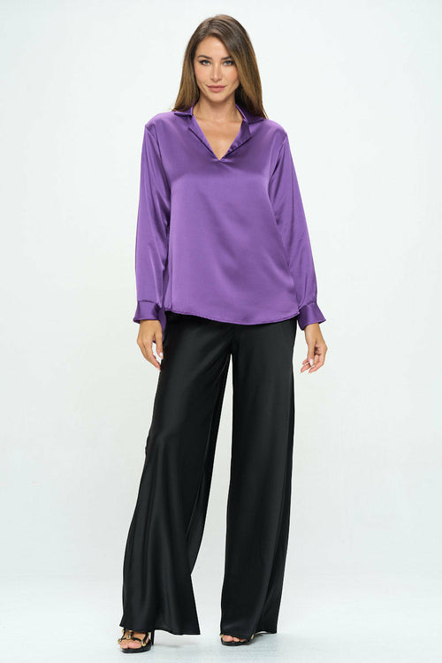 Stretch Satin V neck Top w/Collar and Cuff Sleeve