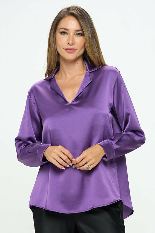 Stretch Satin V neck Top w/Collar and Cuff Sleeve