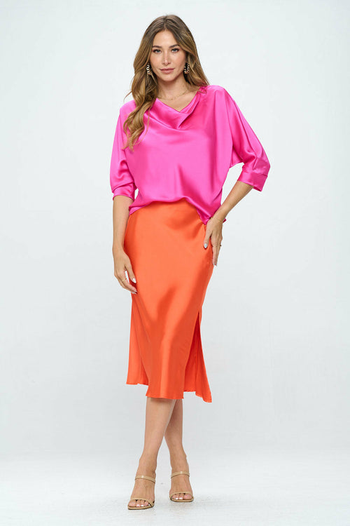 Satin Vibrant Cowl neck 3/4 Sleeve Top