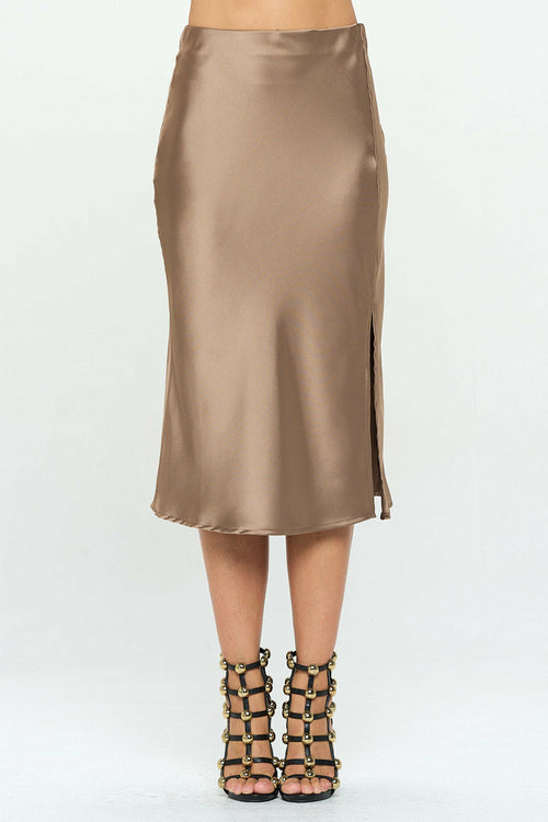 Solid Stretch Satin Midi Skirt with Slit