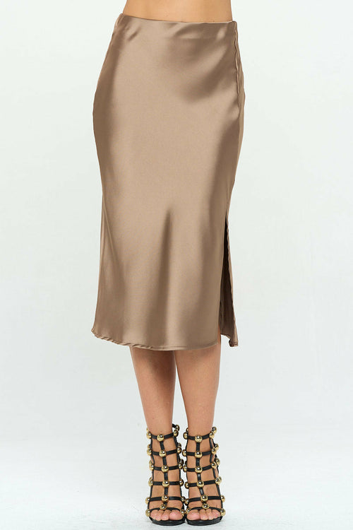 Solid Stretch Satin Midi Skirt with Slit