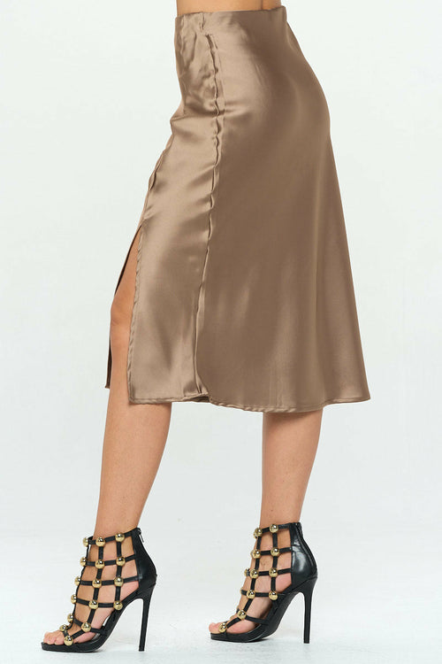 Solid Stretch Satin Midi Skirt with Slit