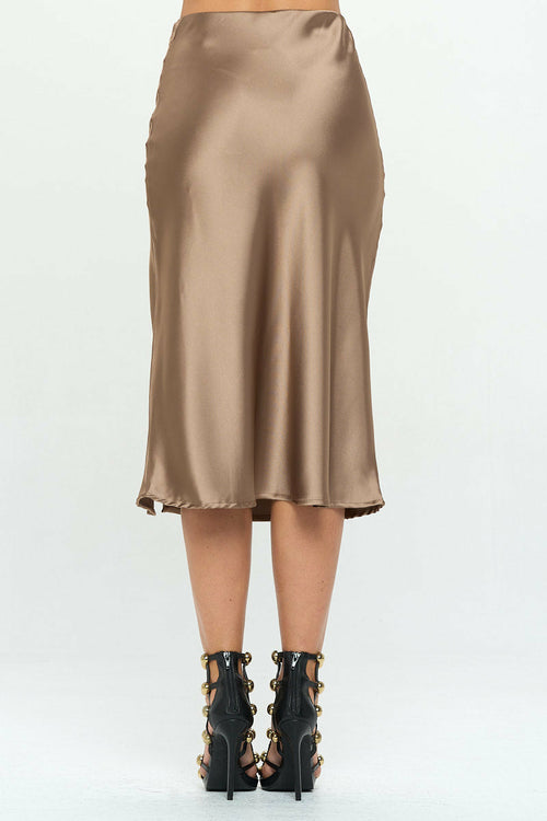 Solid Stretch Satin Midi Skirt with Slit