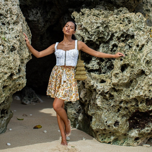 SEKAR Floral Batik Shorts In Marigold Yellow