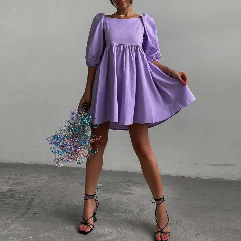 Square Elegant Puff Short Sleeve A-Line Loose Party Dress - Necessary Clothing Store