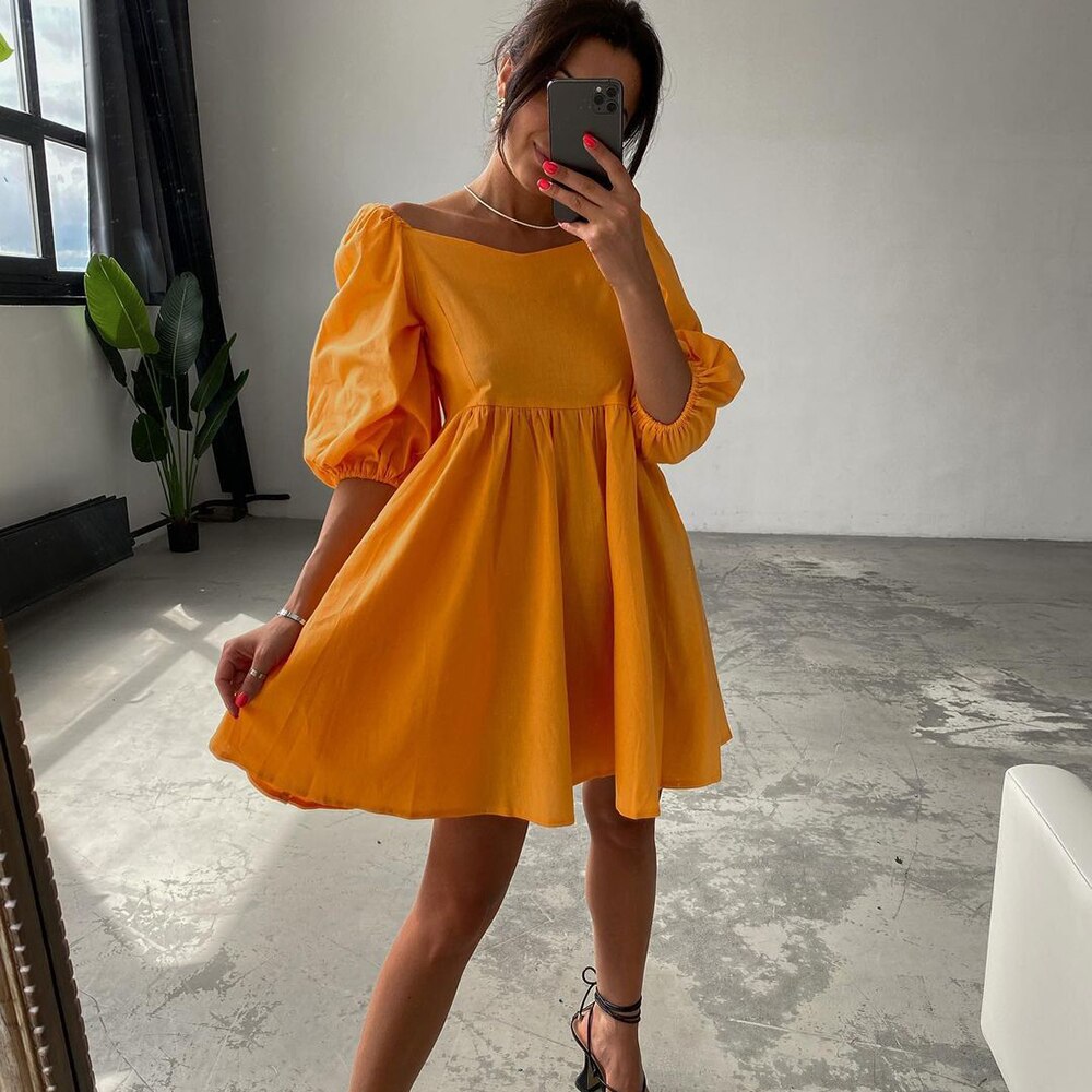 Square Elegant Puff Short Sleeve A-Line Loose Party Dress - Necessary Clothing Store