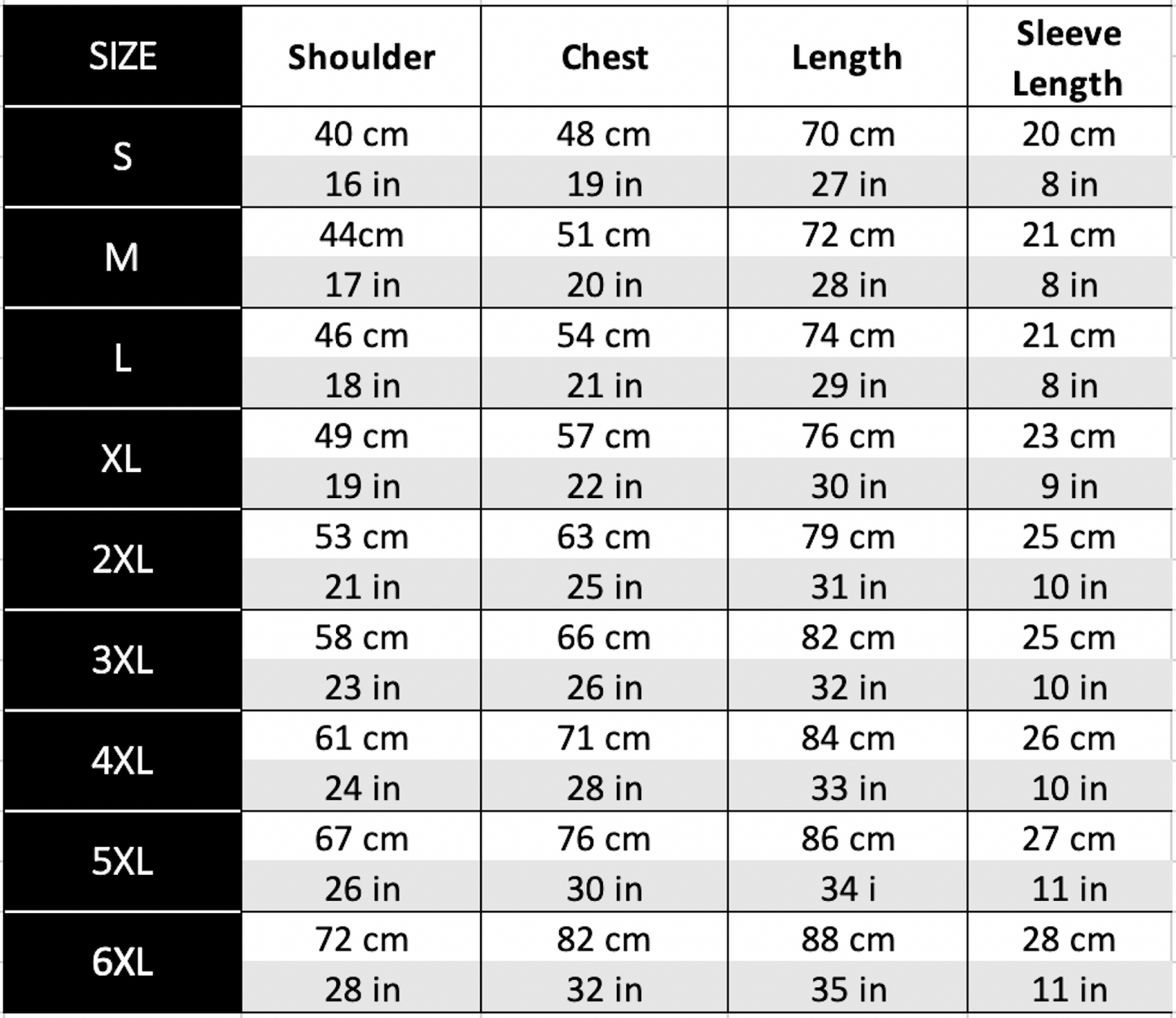 T-shirt size chart