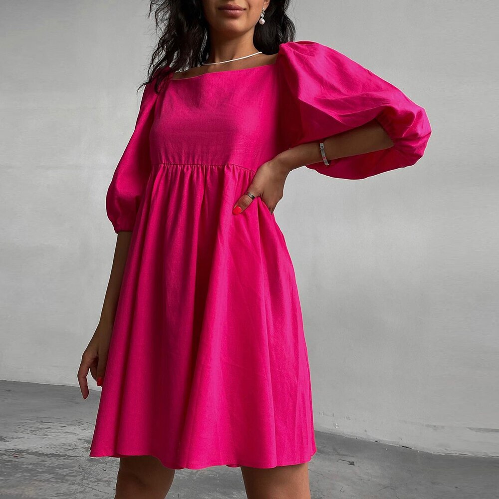 Square Elegant Puff Short Sleeve A-Line Loose Party Dress - Necessary Clothing Store