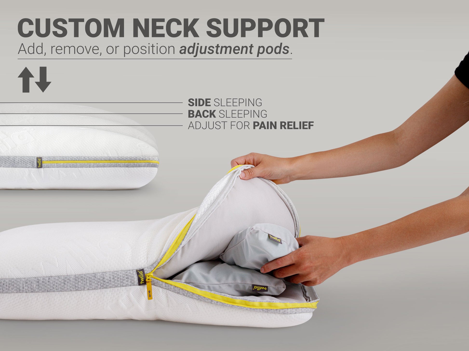 Twilla Pillow +PODS, Adjustable, Best Custom Pillow for Neck Support, Pain Relief, Back and Side Sleepers.