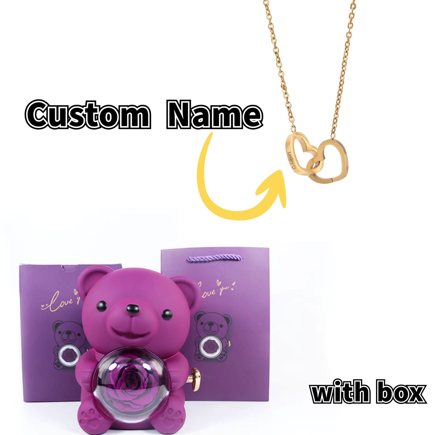 Teddy Bear Gift Box-Rotating Eternal Rose Box with Necklace for Wedding Custom Name Necklace Jewelry for Women Gift Girlfriend