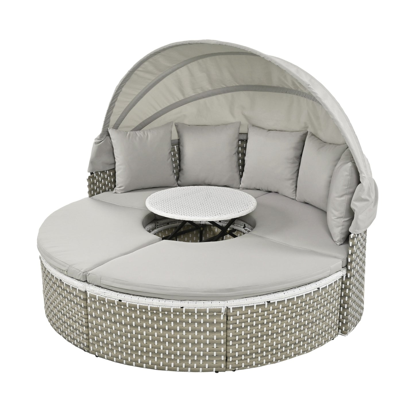 TOPMAX Patio Furniture Round Outdoor Sectional Sofa Set Rattan Daybed Two-Tone Weave Sunbed With Ret