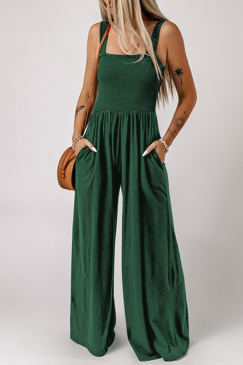 Smocked Square Neck Wide Leg Jumpsuit with Pockets Trendsi