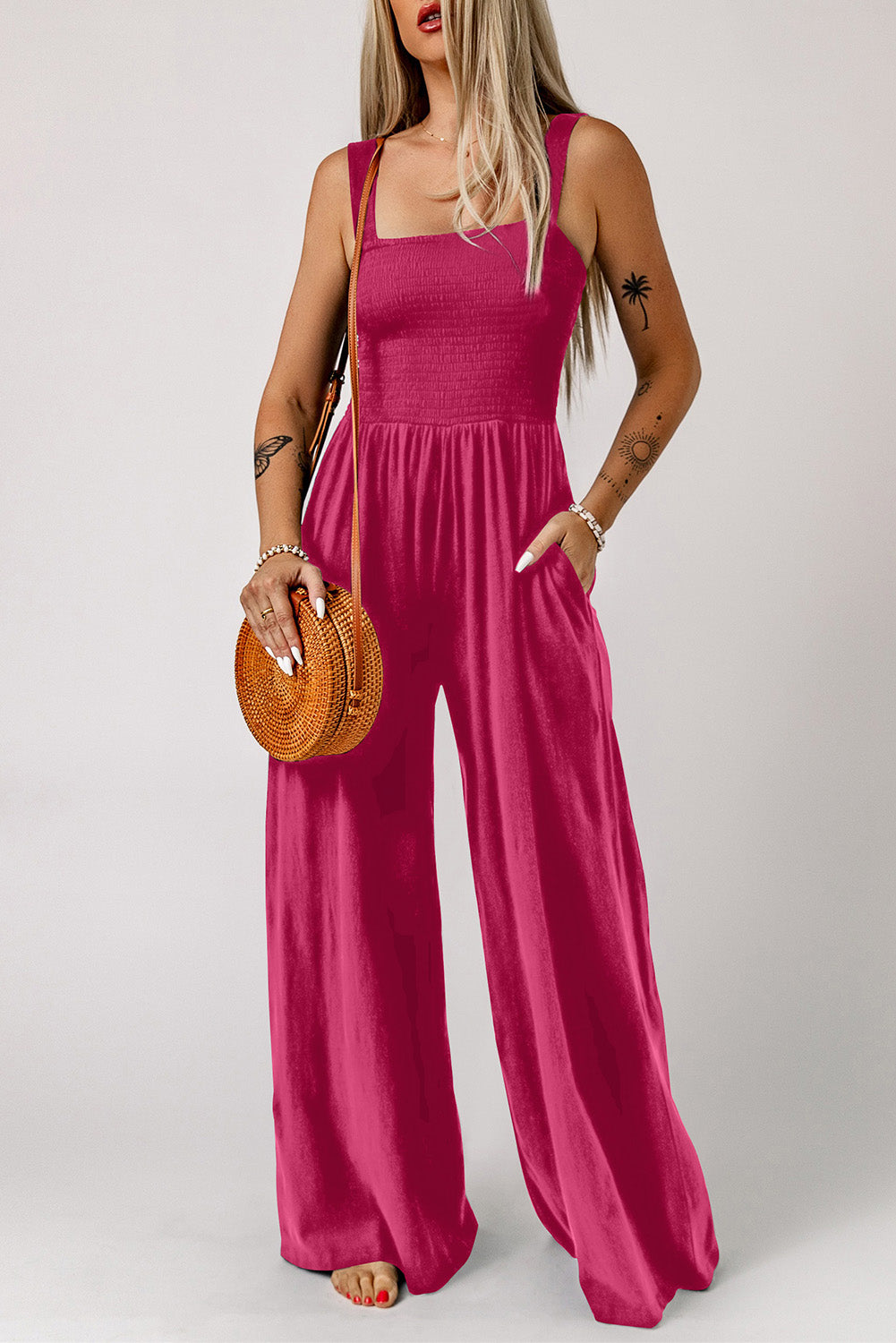 Smocked Square Neck Wide Leg Jumpsuit with Pockets Trendsi