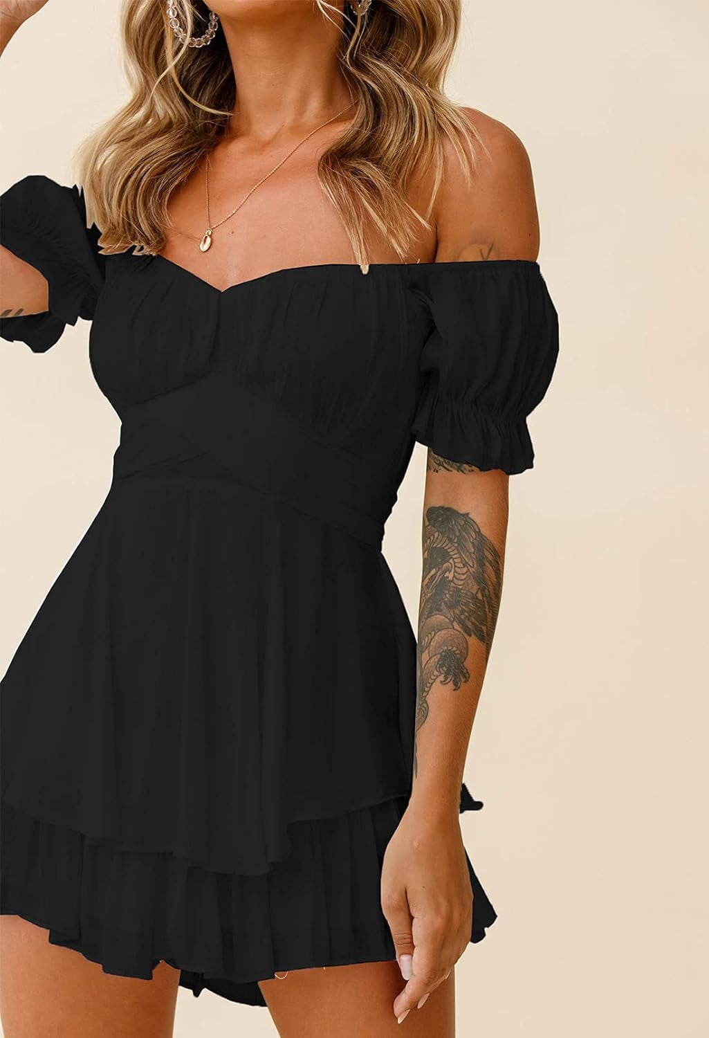 Women Boho Romper off Shoulder Ruffle Chiffon Shorts Jumpsuit Playsuits