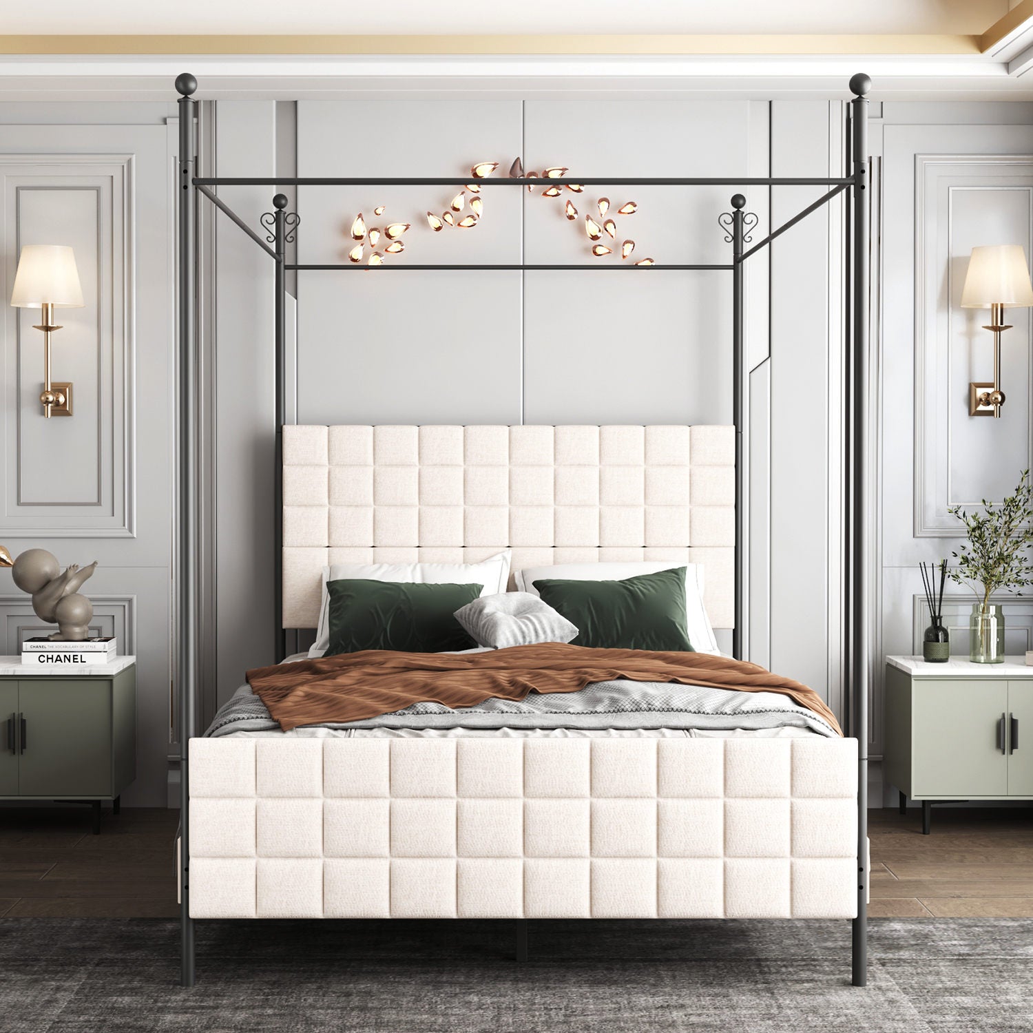 Grid Panel Canopy Bed - Beige Linen - QN