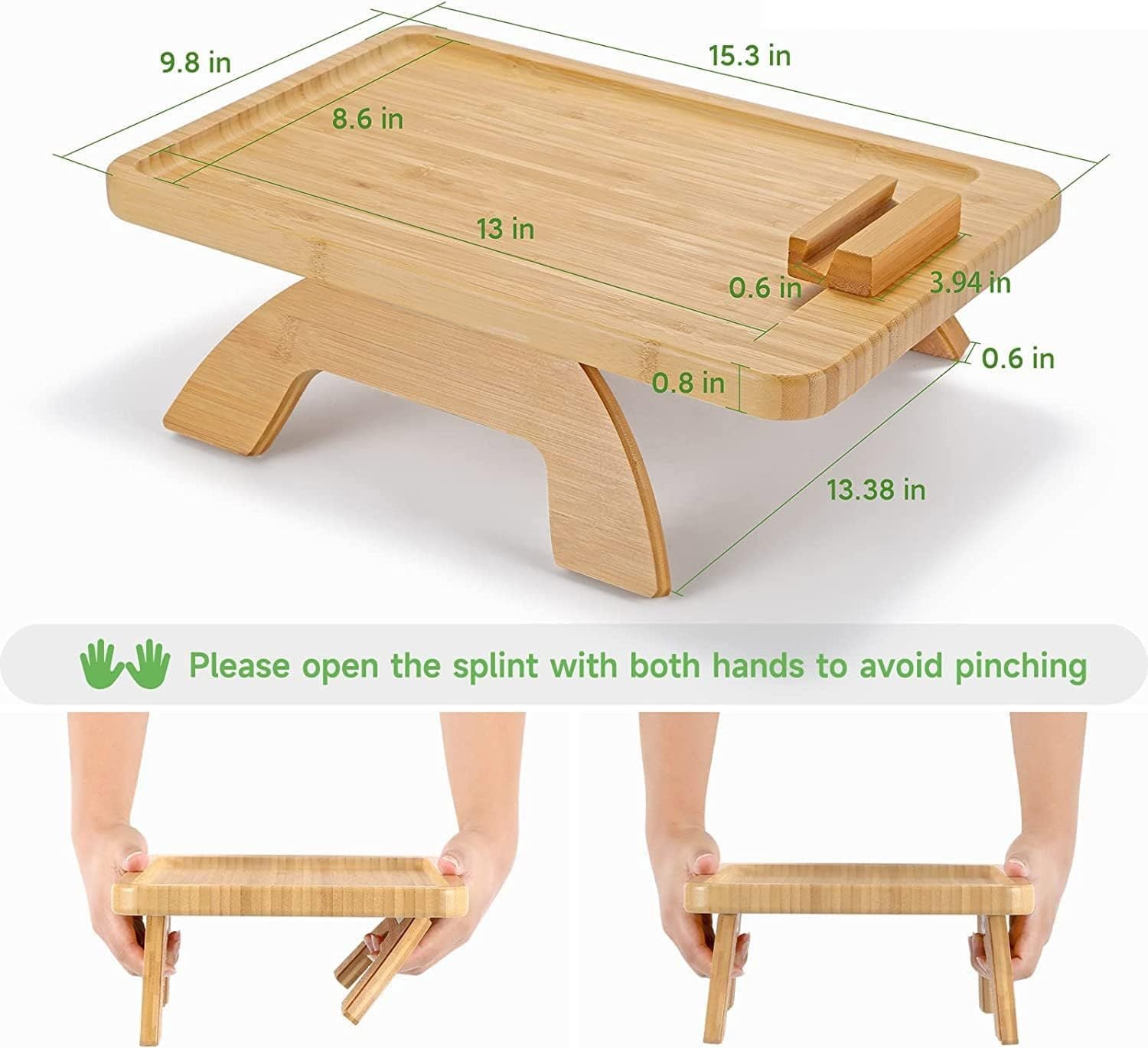 Bamboo Sofa Clip on Side Table for Wide Couches Arm, Foldable Couch Tray with 360° Rotating Phone Holder, Armrest Table for Eating/Drinks/Snacks/Remote/Control