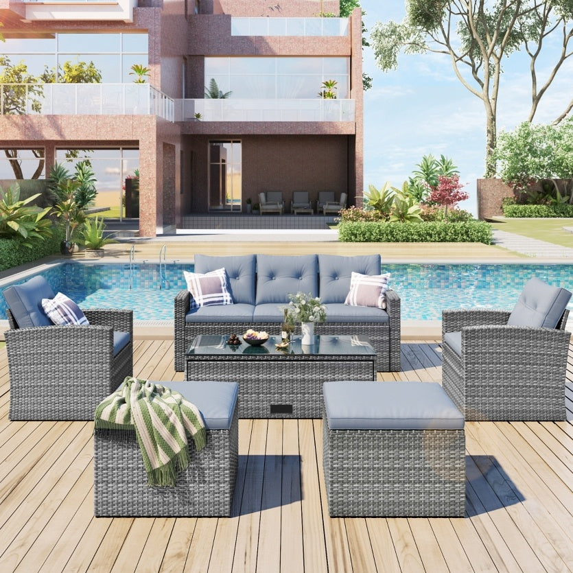 6-Piece All-Weather Wicker PE Rattan Patio Dining Set With Coffee Table