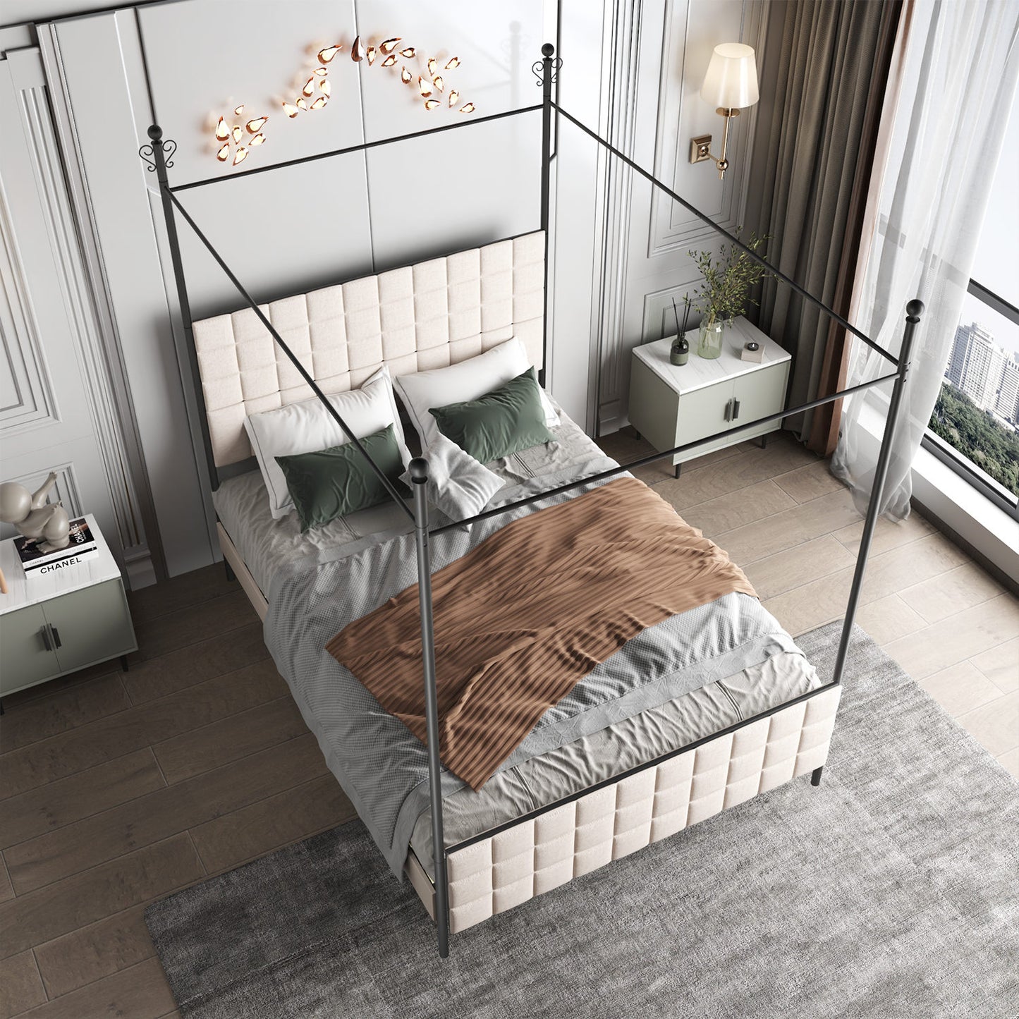 Grid Panel Canopy Bed - Beige Linen - QN