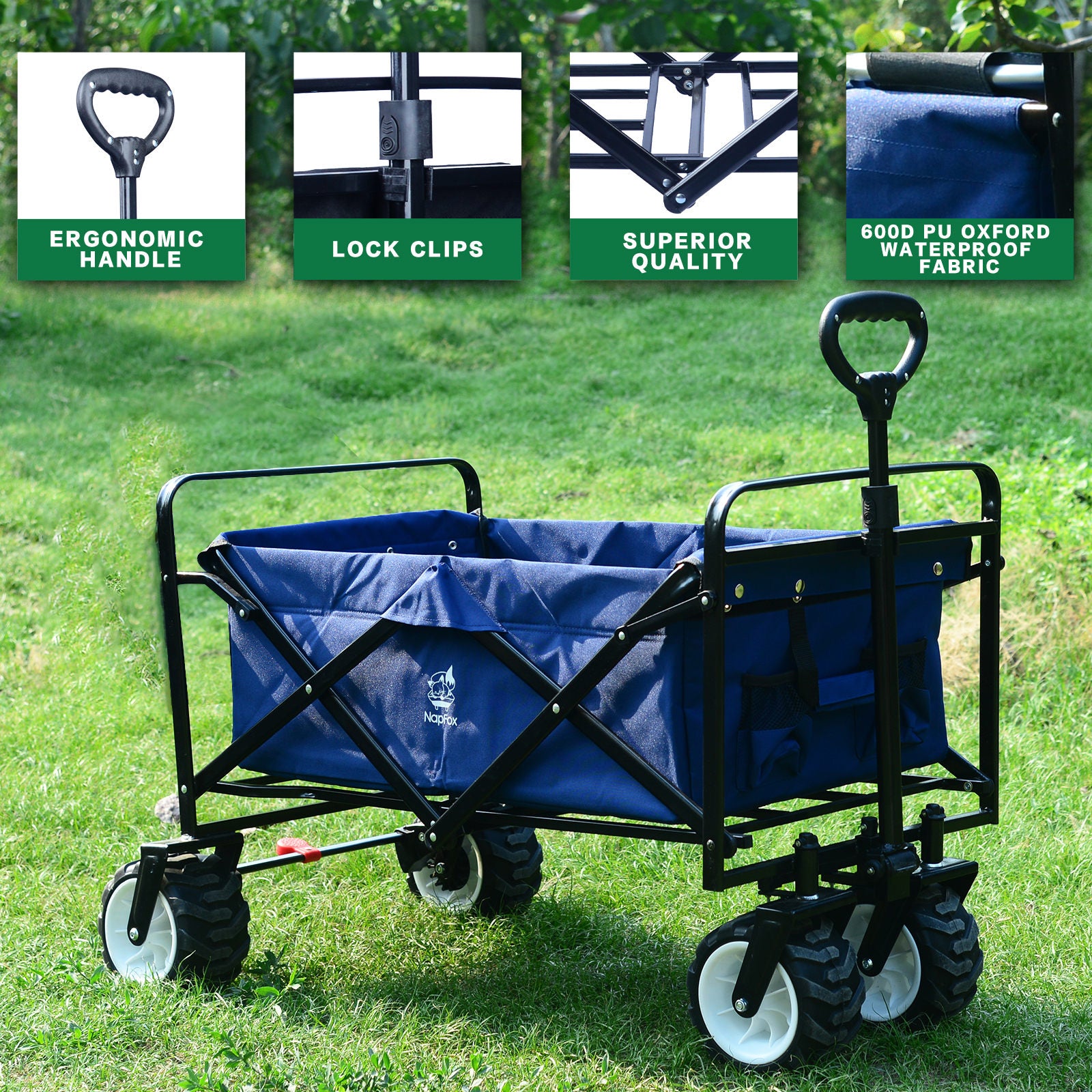 Collapsible Wagon Stroller, Wagons Carts Foldable Grocery Cart on Wheels Beach Wagon Foldable Cart with Wheels, Cup Holders, Adjustable Handle, Safety Straps,Shopping, Garden,Sports,Blue