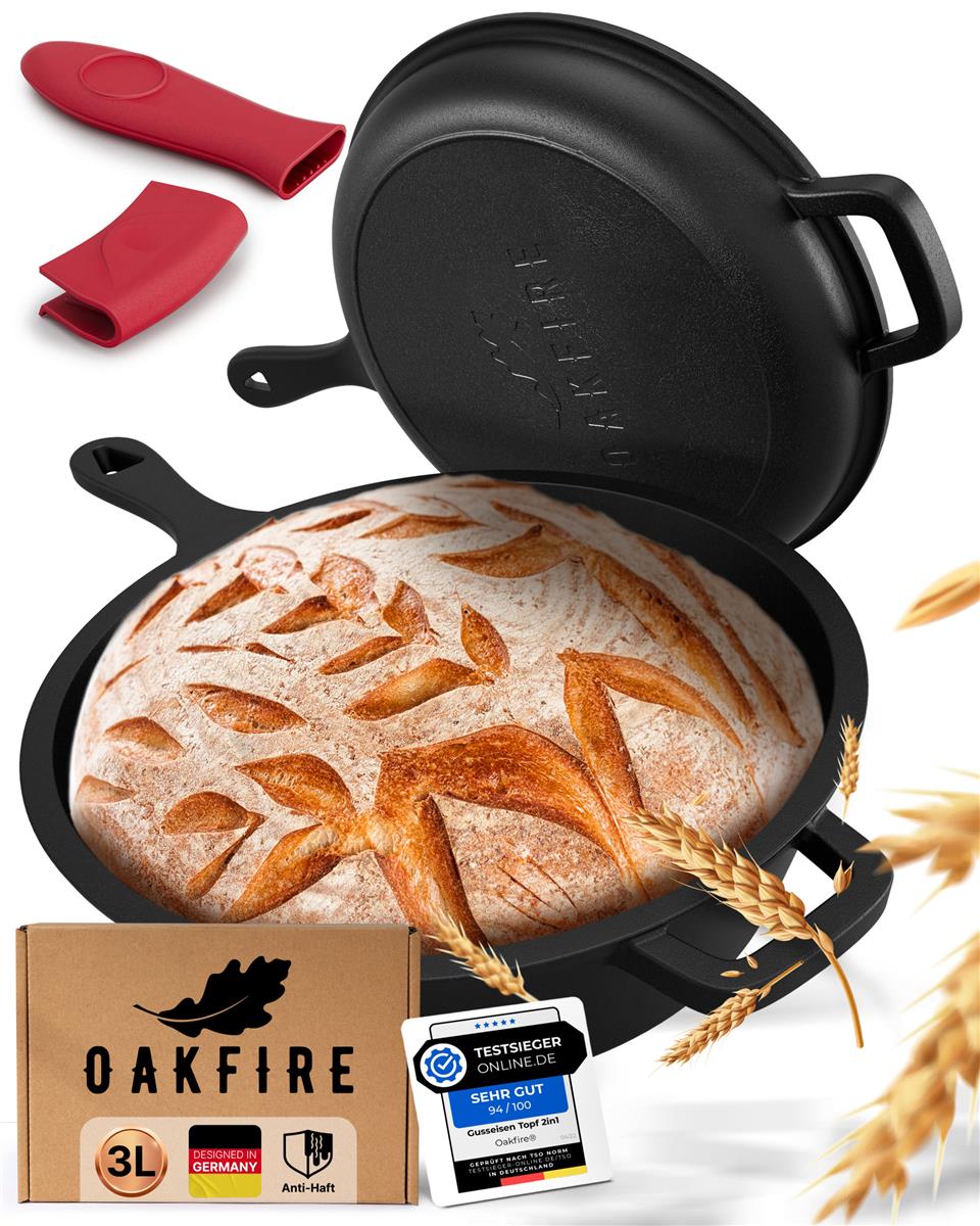 Oakfire Gusseisen Topf 2in1 mit Pfanne, Ø26cm, Casserole, mit Anti-Haft Patina, 4Elements, SpreadHeat zum Kochen, Braten, Schmoren, Brot backen, Garen - Tolle Aromaentfaltung