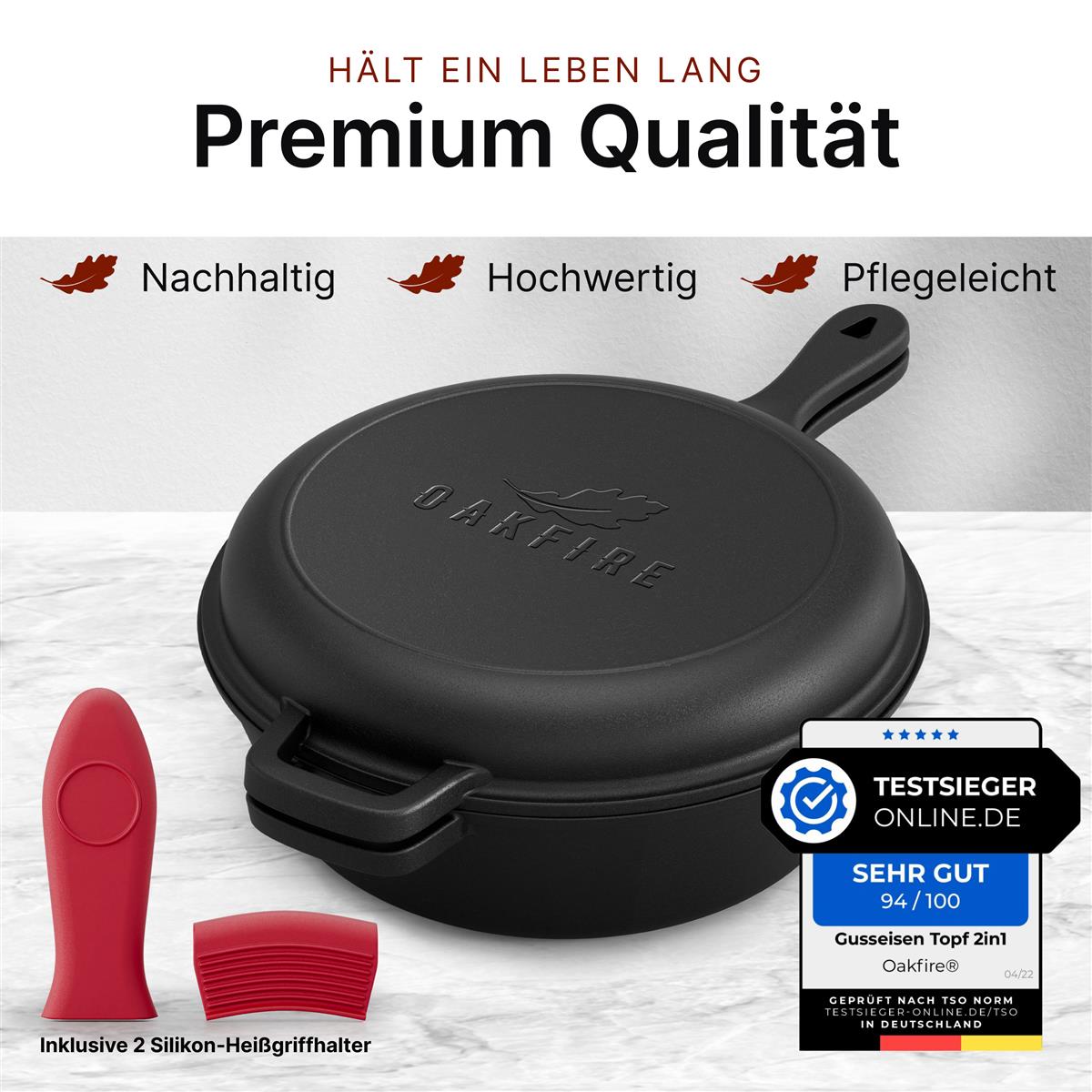 Oakfire Gusseisen Topf 2in1 mit Pfanne, Ø26cm, Casserole, mit Anti-Haft Patina, 4Elements, SpreadHeat zum Kochen, Braten, Schmoren, Brot backen, Garen - Tolle Aromaentfaltung