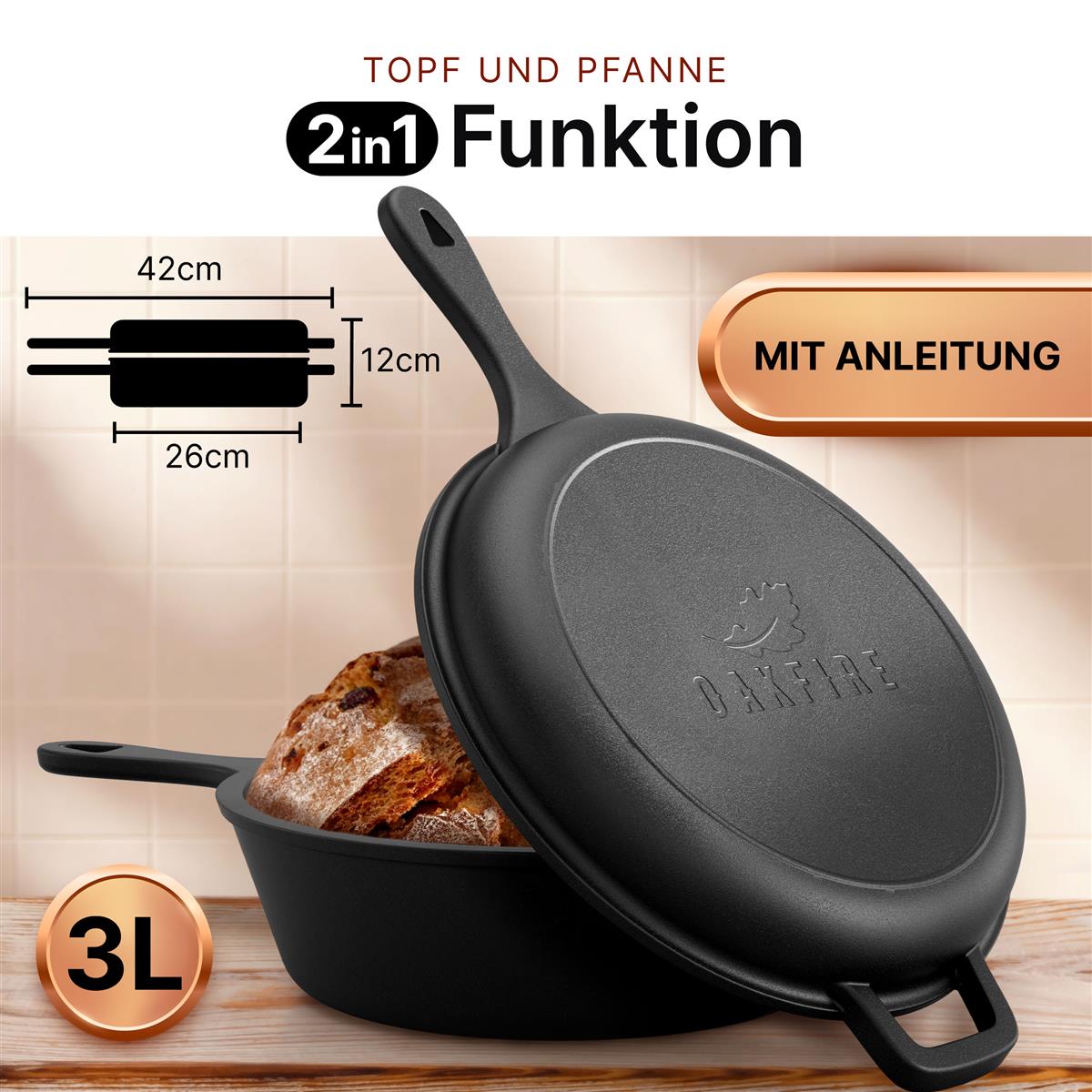 Oakfire Gusseisen Topf 2in1 mit Pfanne, Ø26cm, Casserole, mit Anti-Haft Patina, 4Elements, SpreadHeat zum Kochen, Braten, Schmoren, Brot backen, Garen - Tolle Aromaentfaltung