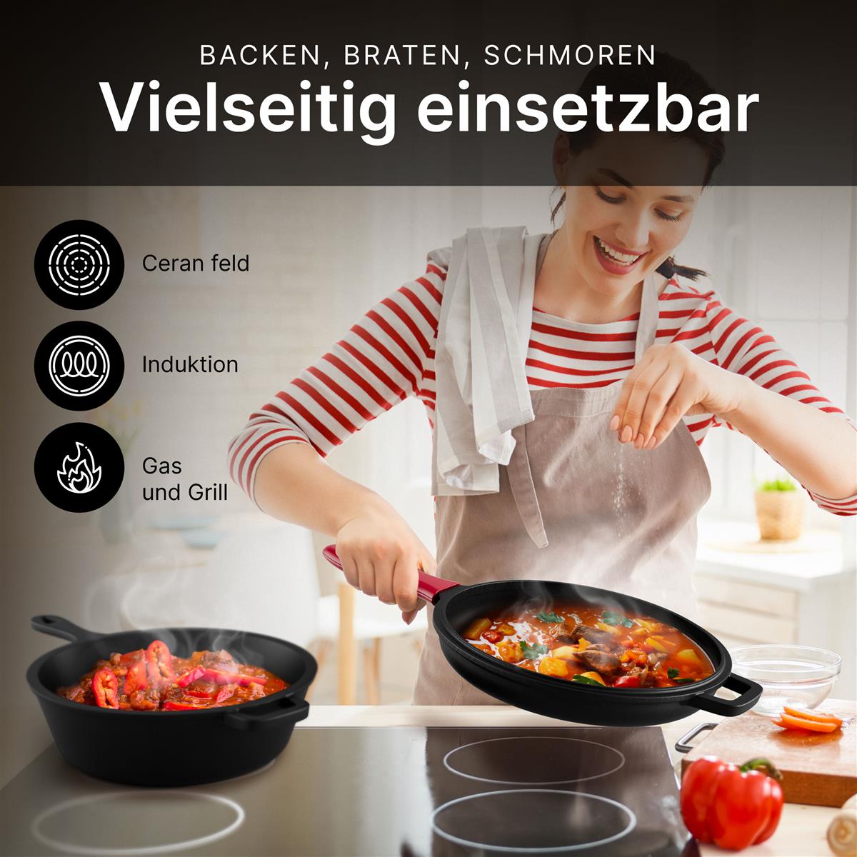 Oakfire Gusseisen Topf 2in1 mit Pfanne, Ø26cm, Casserole, mit Anti-Haft Patina, 4Elements, SpreadHeat zum Kochen, Braten, Schmoren, Brot backen, Garen - Tolle Aromaentfaltung