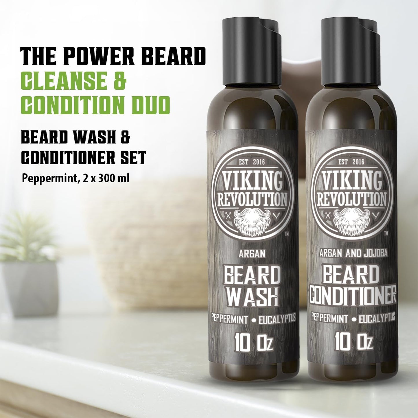 - Beard Shampoo and Conditioner - Natural Beard Wash & Beard Conditioner with Argan & Jojoba Oils - Softens & Strengthens - Gifts for Men - Peppermint & Eucalyptus - 2 X 300 Ml