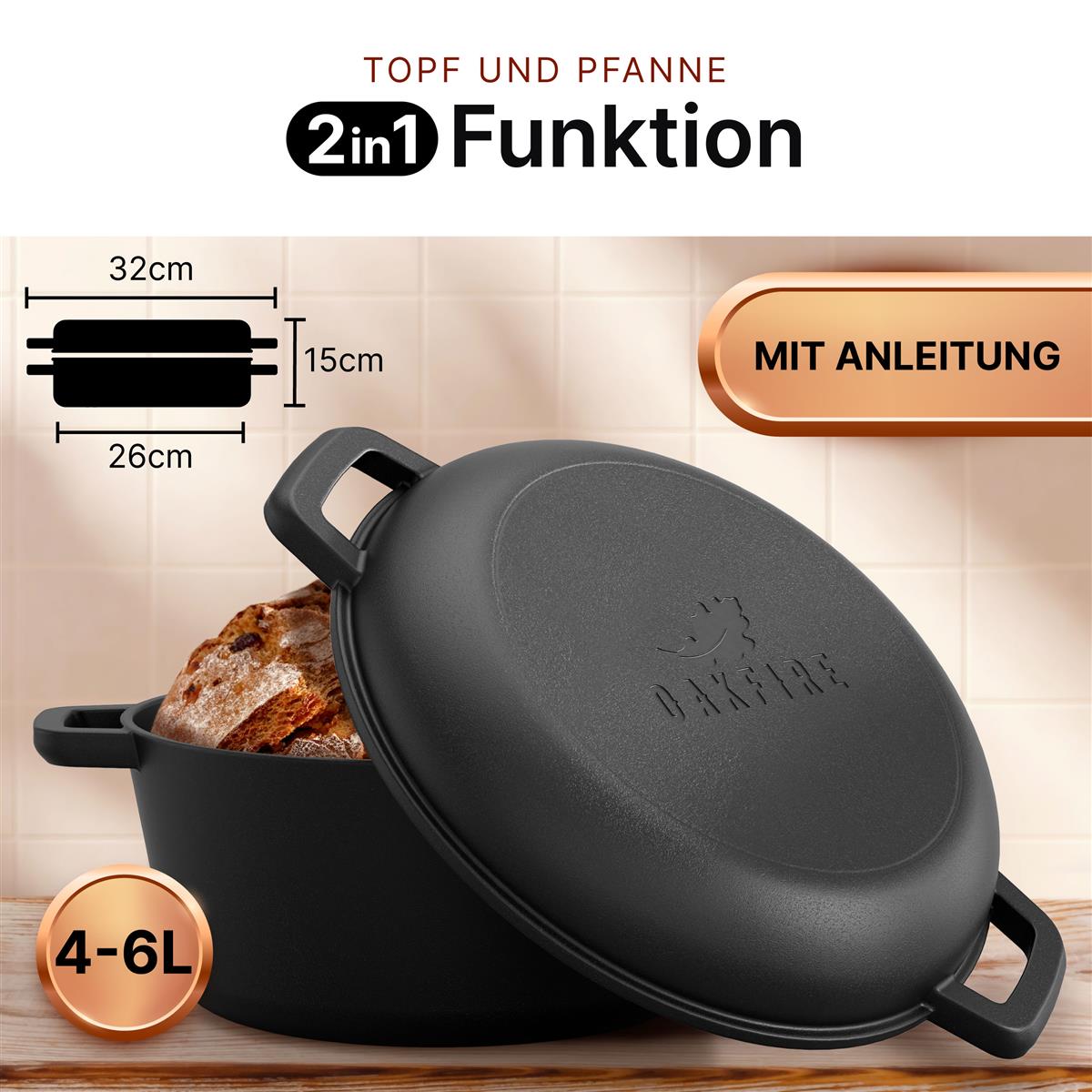 Oakfire Gusseisen Topf 2in1 mit Pfanne, Ø26cm, Casserole, mit Anti-Haft Patina, 4Elements, SpreadHeat zum Kochen, Braten, Schmoren, Brot backen, Garen - Tolle Aromaentfaltung