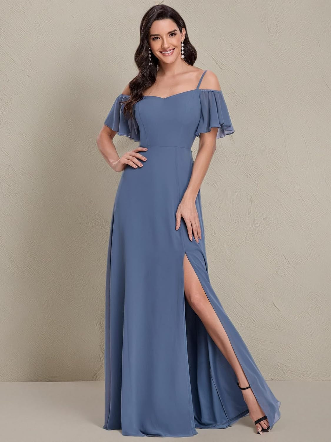 Women'S Formal Dresses off Shoulder Short Sleeve Split A-Line Floor Length Bridesmaid Dresses 0237