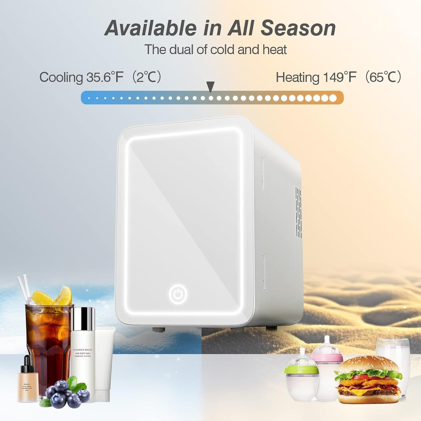 Skincare Fridge - Mini Fridge with Dimmable LED Mirror (4 Liter/6 Can), Cooler and Warmer, for Refrigerating Makeup, Skincare and Food, Mini Fridge for Bedroom, Office and Car, White