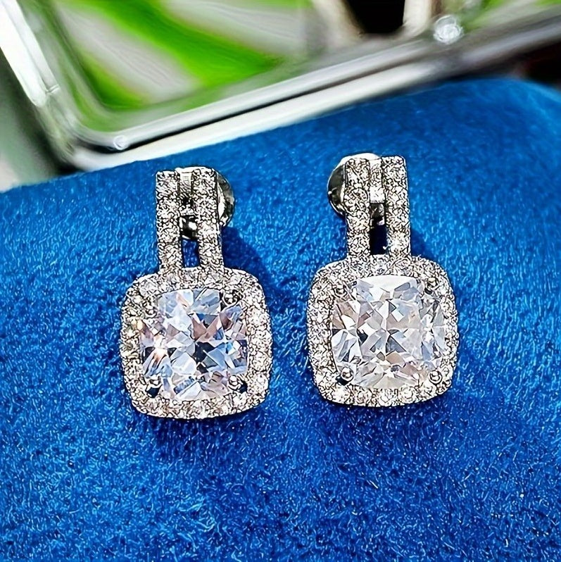 2CT Cushion Moissanite Stud Drop Earrings D Color Lab Created Diamond Sterling Silver  Platinum Plated Square Halo Earrings For Women Birthday Jewelry Gifts