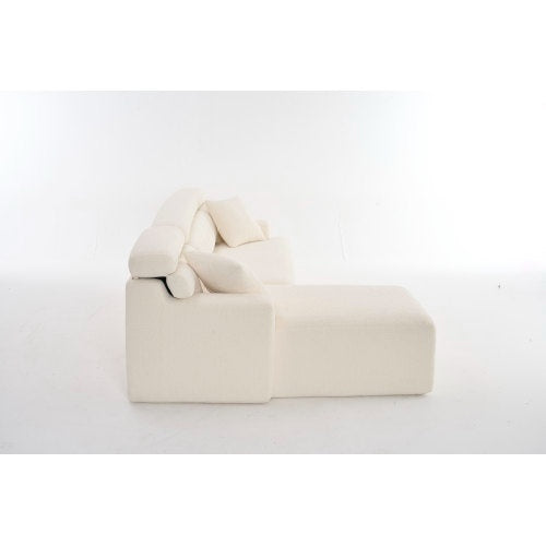 LY-029B WHITE COMPRESSION SOFA Combining Chaise Longue With 3-seater  Wood Grain Chenille Fabric, Full Sponge Compression Sofa,combined Sofa With 2 Pillows For Living Home Furniture