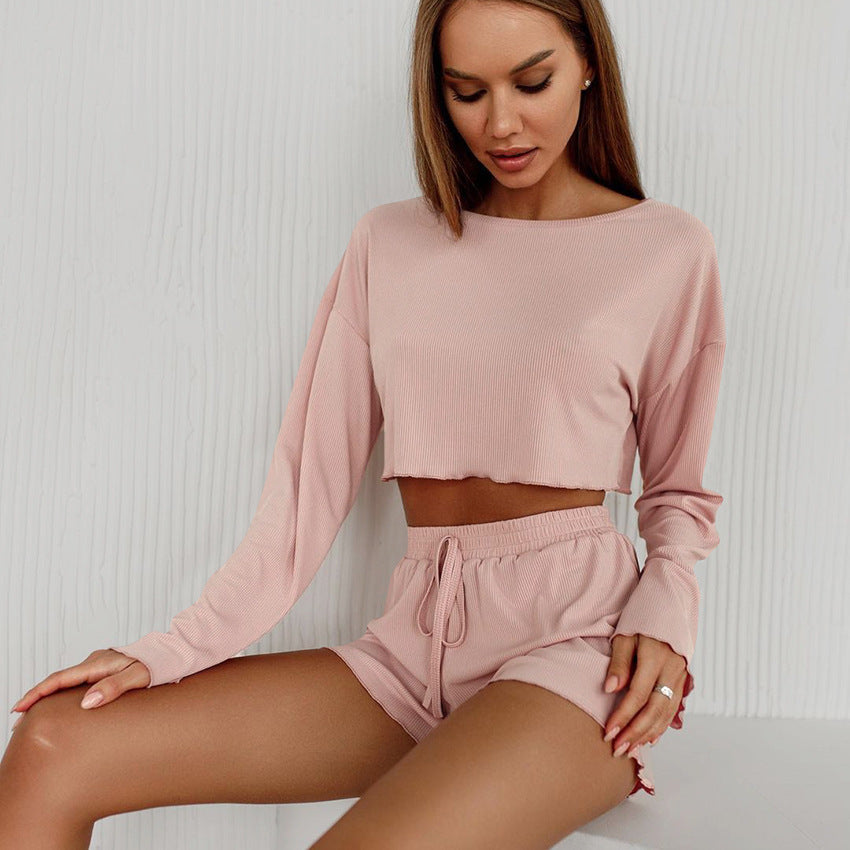 Women's Soft Knitted Short Pajamas Midriff-baring Long Sleeve Suit