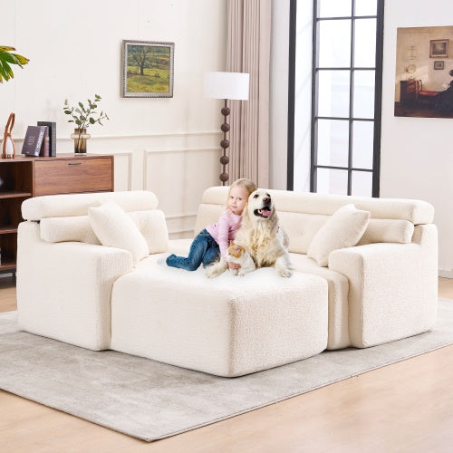 LY-029B WHITE COMPRESSION SOFA Combining Chaise Longue With 3-seater  Wood Grain Chenille Fabric, Full Sponge Compression Sofa,combined Sofa With 2 Pillows For Living Home Furniture