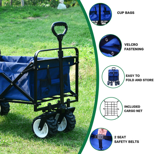 Collapsible Wagon Stroller, Wagons Carts Foldable Grocery Cart on Wheels Beach Wagon Foldable Cart with Wheels, Cup Holders, Adjustable Handle, Safety Straps,Shopping, Garden,Sports,Blue