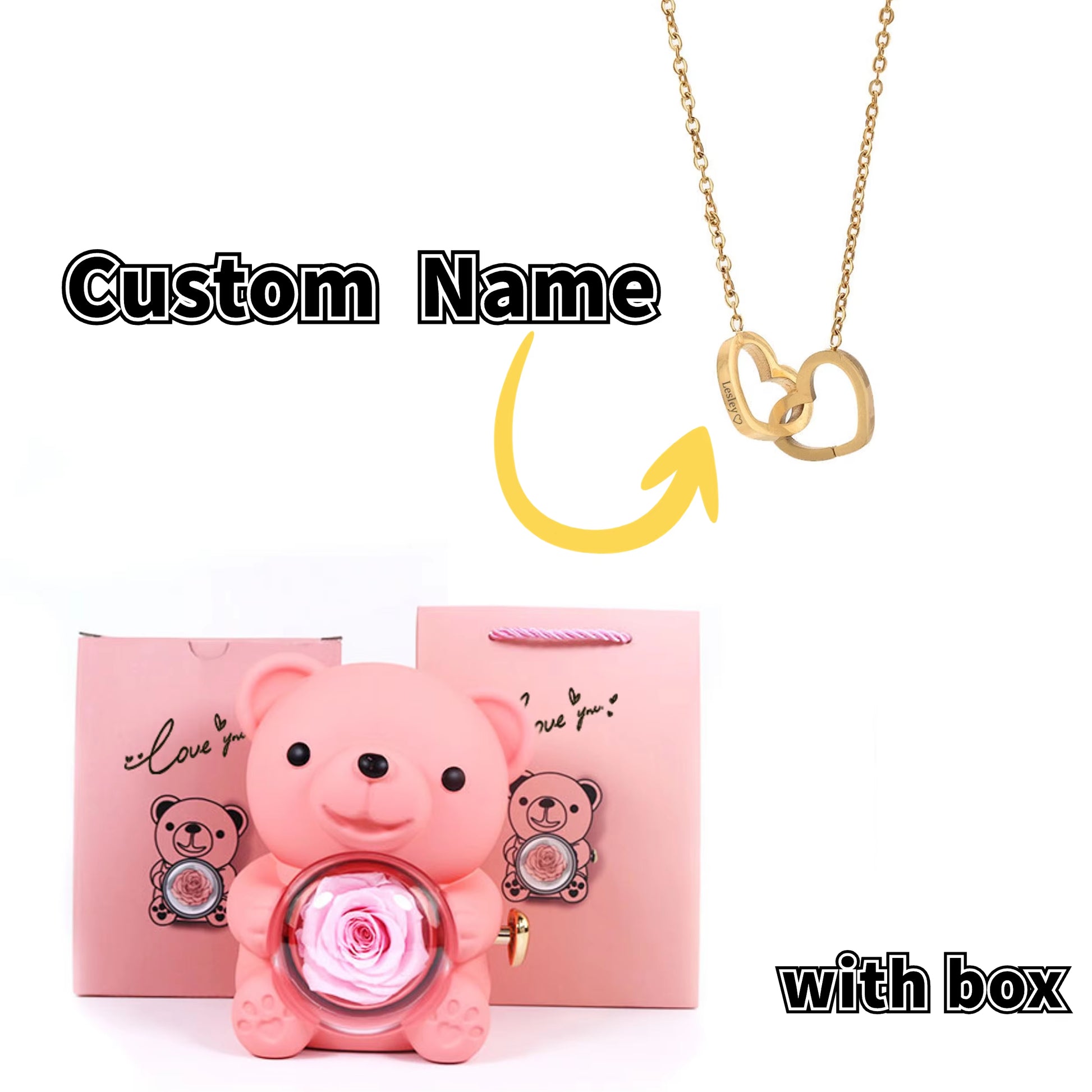 Teddy Bear Gift Box-Rotating Eternal Rose Box with Necklace for Wedding Custom Name Necklace Jewelry for Women Gift Girlfriend