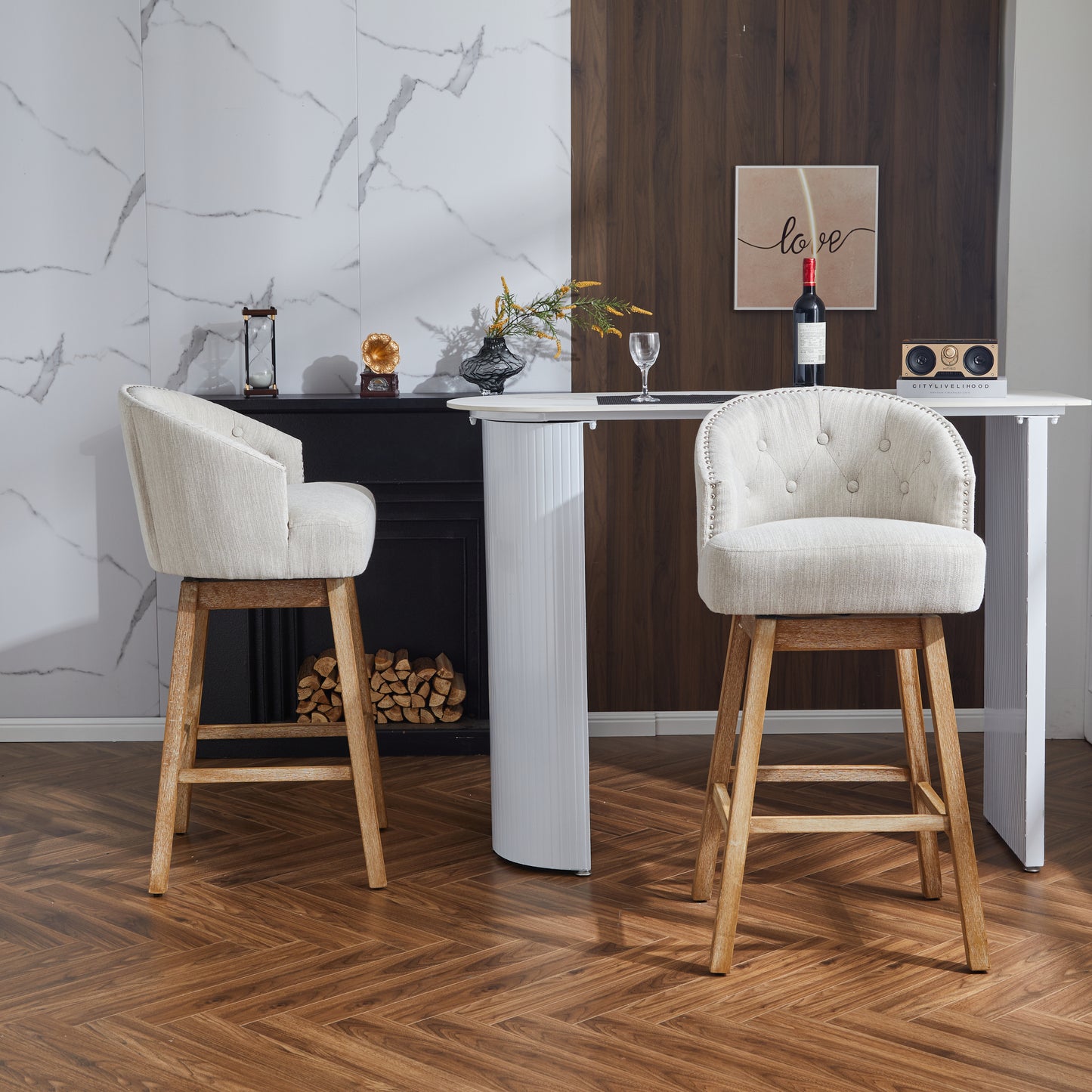 33.25&quot; Swivel Counter Stools Set of 2, Upholstered Counter Height Bar Stools with Solid Rubber Wood Frame, Backrest, Footrest, Armless Barstools for Home Bar, Kitchen Counter, Natural + Beige